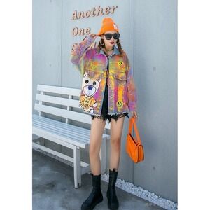 Denim Jacket‎ Colorful Painted Teddy Bear Smiley Face Oversized L/XL